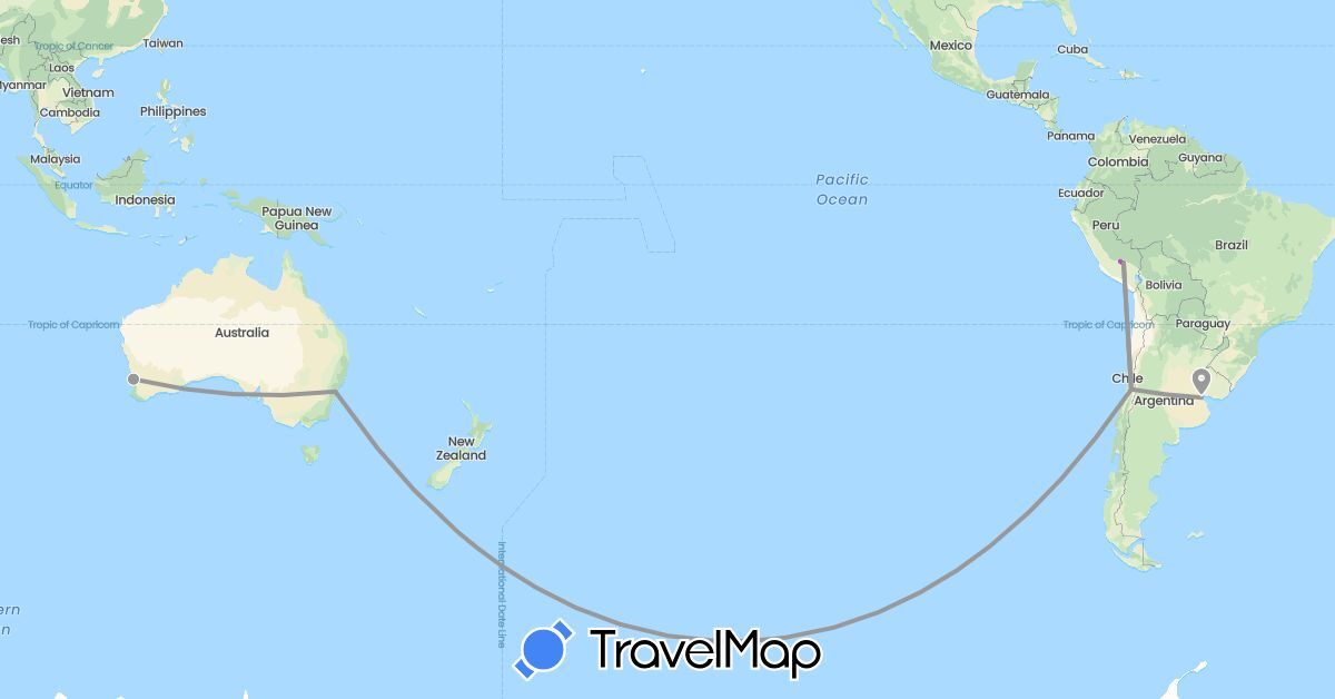 TravelMap itinerary: driving, plane, train in Argentina, Australia, Chile, Peru (Oceania, South America)